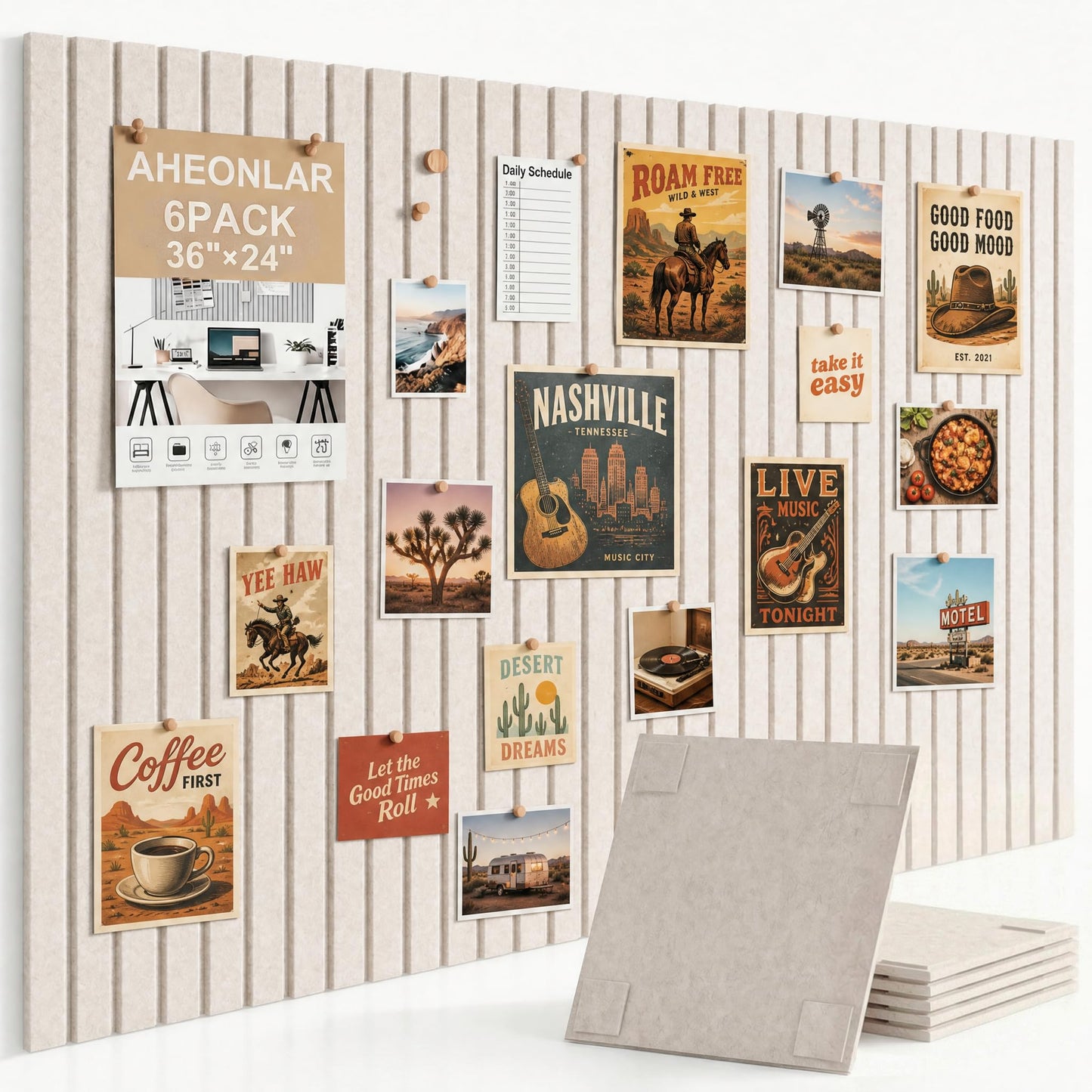 AHEONLAR Felt Bulletin Board 36" x 24", Cork Boards for Walls, 6 Pack Bulletin Board Large Cork Board for Office, Felt Boards with 40 Safe Removable Adhesive Tabs Pin Board for Home(Light Beige)