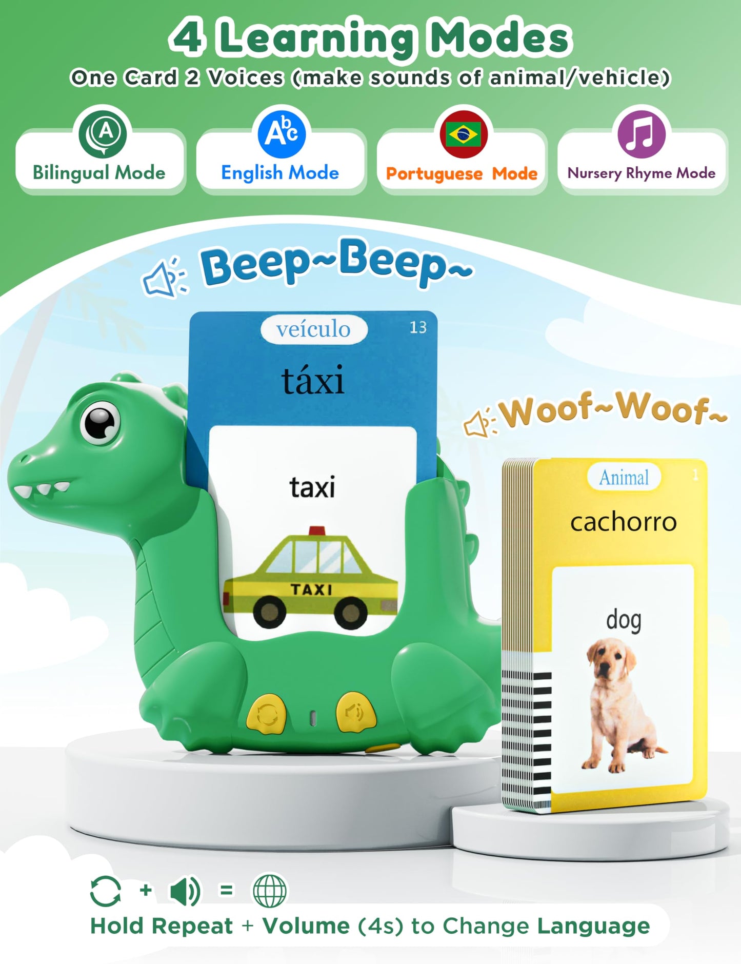 Portuguese and English Talking Flash Cards for Kids, 510 Sight Words Bilingual Learning Toys for Toddlers, Brazilian Portuguese Alphabet Flashcards Pocket Speech Therapy Toys, Dinosaur Shaped