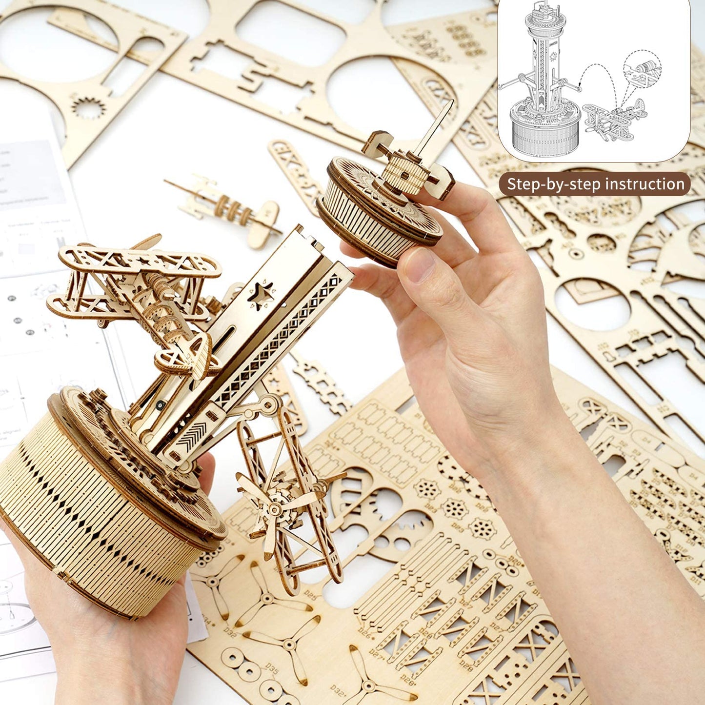 ROBOTIME 3D Wooden Puzzles for Adults DIY Musical Box Model Kit to Build Self-Assembly Building Kit Airplane-Control Tower