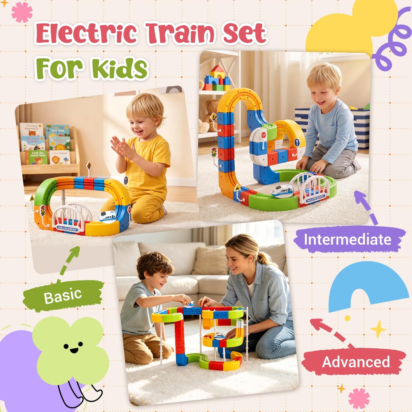 Electric Train Set for Kids, 147PCS (90 Track+2 Motorized Trains) 3D Gravity-Defying Cube Track, STEM Electric Train Set Educational Birthday Gift with Building Poster for Boys Girls Ages 3 4 5 6 7 8