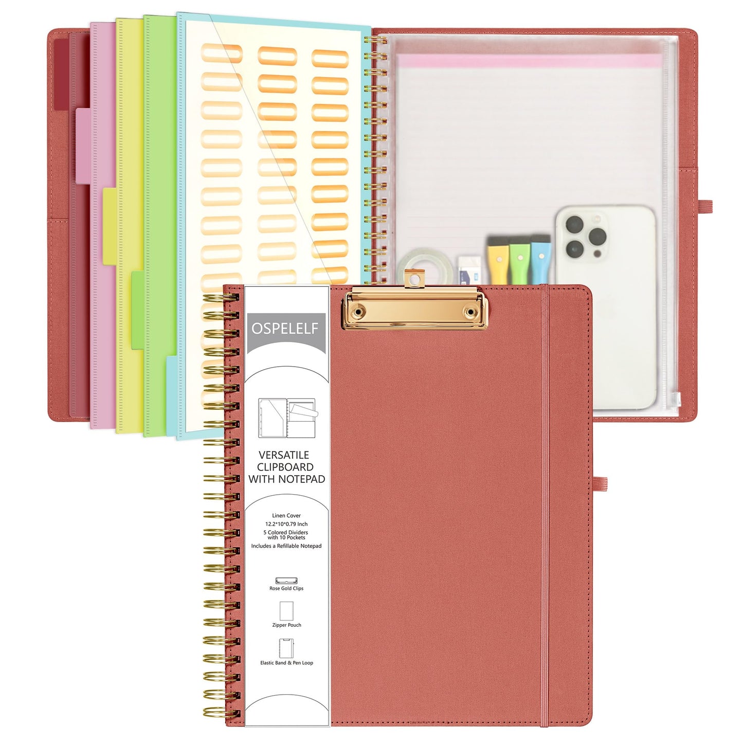 Ospelelf Red Foldable Spiral Clipboard Folio with Storage Zipper Pouch, 5 Plastic Folders with 10 Pockets, Refillable Lined Notepad (11" x 8.5"), Linen Hardcover Project Organizer