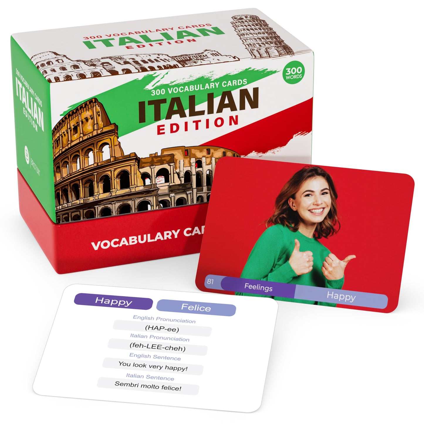 Italian Vocabulary Flash Cards – 300 Words with Pictures & Pronunciation – Educational Language Learning Tool for Students & Adults – Briston Italian Edition