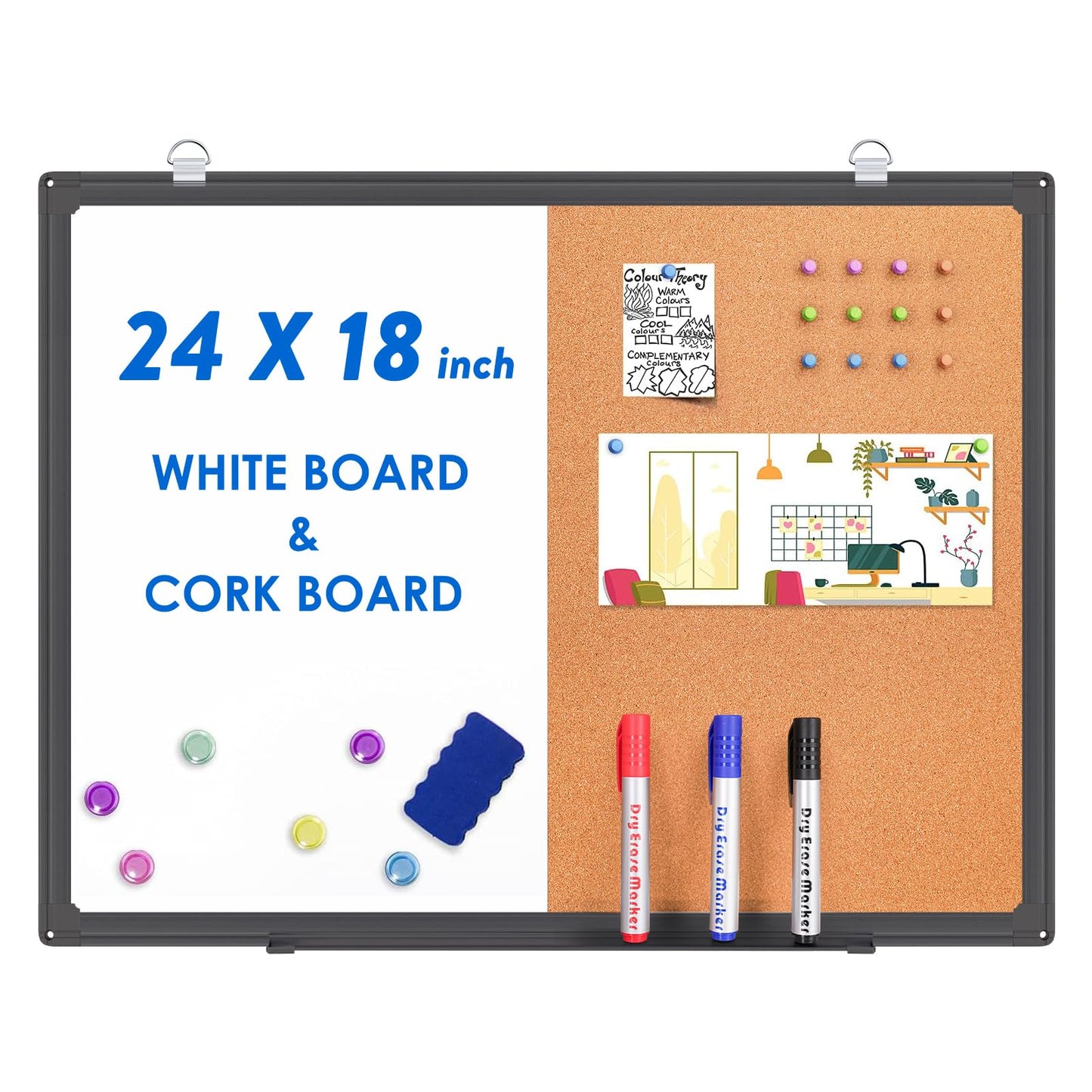 Magnetic White Board and Cork Board Combo, 24 X 18 inches Whiteboard Bulletin Combination Board, Wall Mounted Dry Erase Message Board for Home, School and Office, Black