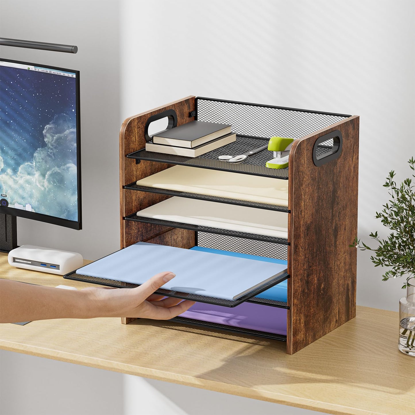 Marbrasse 6 Tier Paper Organizer Letter Tray - Wooden Desk File Organizer with Handle, Paper Sorter Organizer for Letter/A4 Office File Folder Holder