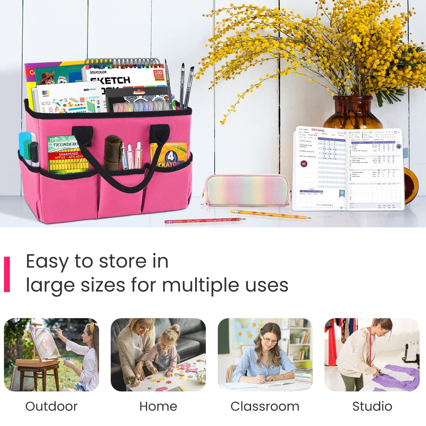 Godery Desktop Tote and Organizer, Teacher Helper Caddy Bag for Arts, Books, Stationery, Office Desk Organization, Make-up Storage with Handles for Travel, Pink