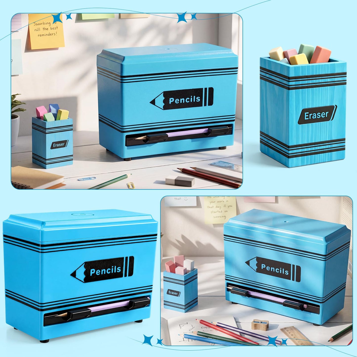 Gueevin 2pcs Pencil Dispenser for Classroom, Fun Desk Organizer with Eraser Holder, Interactive Pencil Storage for Teachers, Students & Homeschool Desk Organizer, Back to School Supplies(Blue)