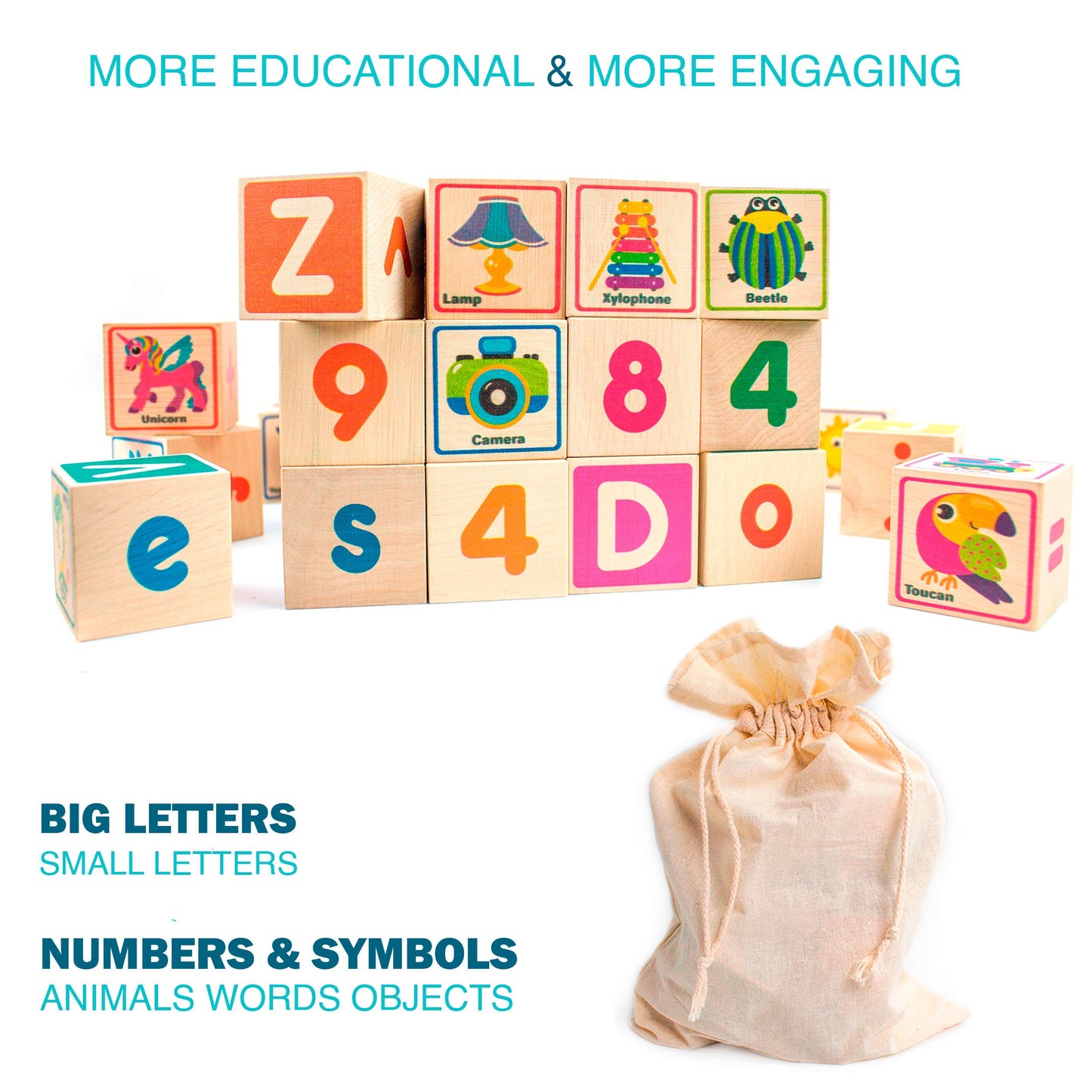 QUOKKA Wooden Blocks for Toddlers 1-3 - 26 Counting ABC Learning Baby Blocks for Kids 3-5 Year Olds Stacking Alphabet Wood Toys for 2-4 Ages - Developmental Toys with Letters Numbers from 12-18 Month