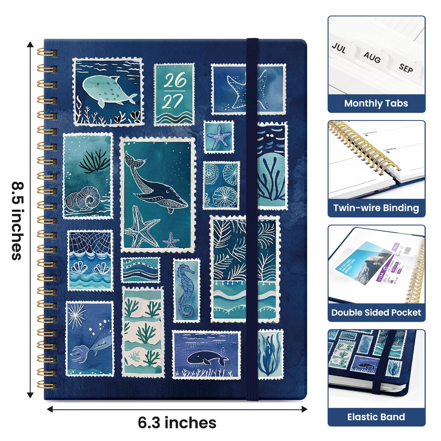 Planner 2026-2027, Academic Year Weekly and Monthly Calender Planner, from Jul 2026 - Jun 2027, Spiral Bound School Planning Book, Perfect for Teacher, Student, Women & Men, A5 (6.3" x 8.5"), Ocean Postmarks