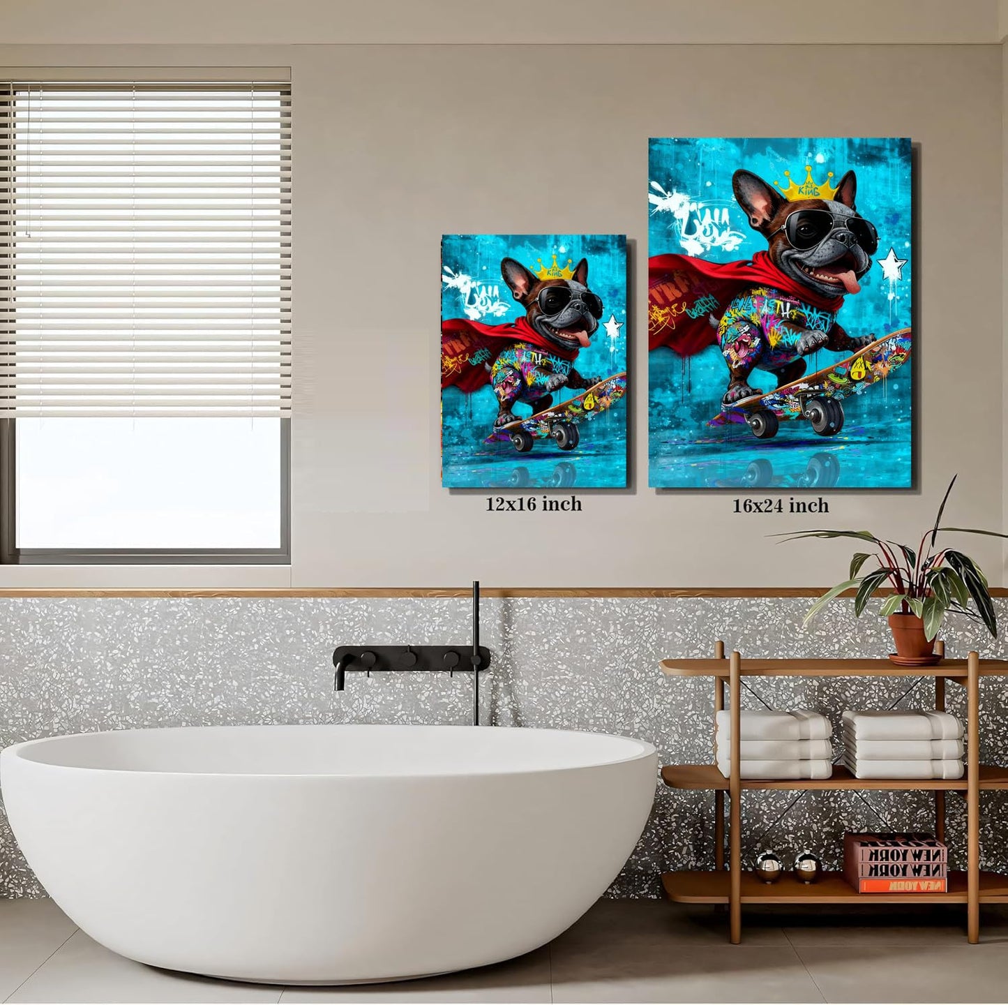 16x24 Graffiti Blue Skateboard Bulldog Canvas Wall Art Gallery Framed Poster Cartoon Dog Watercolor Painting Child Animals Bedroom Pictures Funny Pop Home Decor Teen Boy Kids Room Bathroom Prints