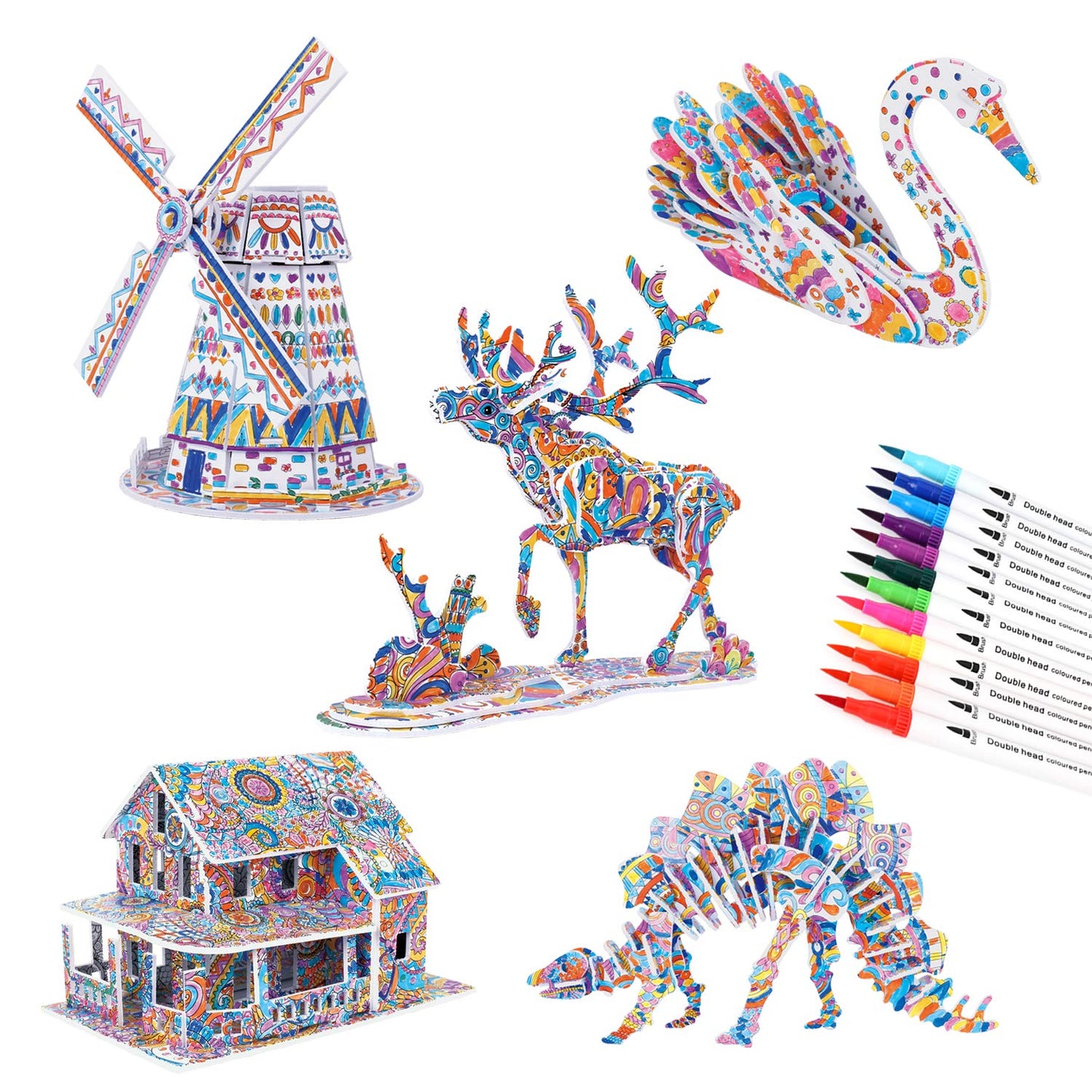 BEARUN 3D Coloring Puzzle Set, Arts and Crafts for Girls and Boys Age 6 7 8 9 10 11 12 Year Old, Fun Educational Painting Crafts Kit with Supplies for Kids, Birthday Toy Gift for Kids