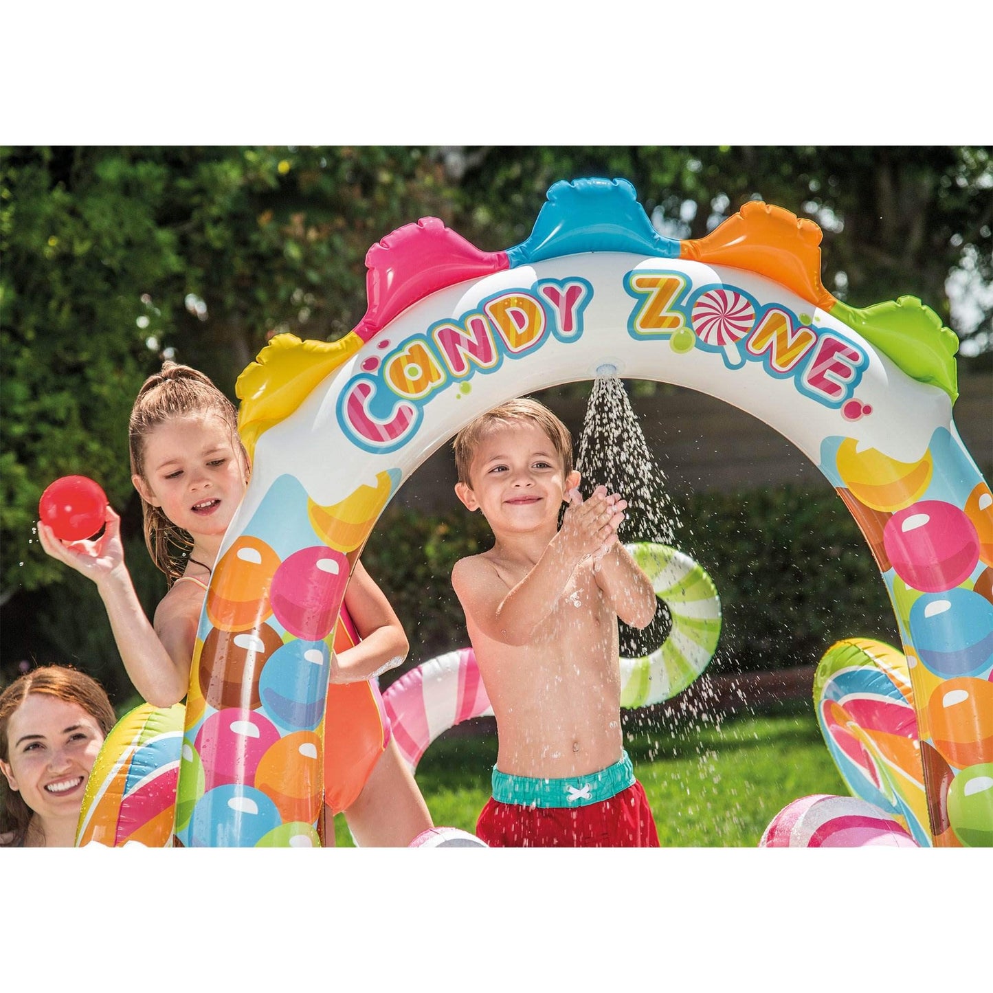 INTEX Candy Zone Inflatable Kiddie Pool: Inflatable Kids Pool with Water Sprayer and Slide – Splash Pad – 116" x 75" x 51" – Ages 3+