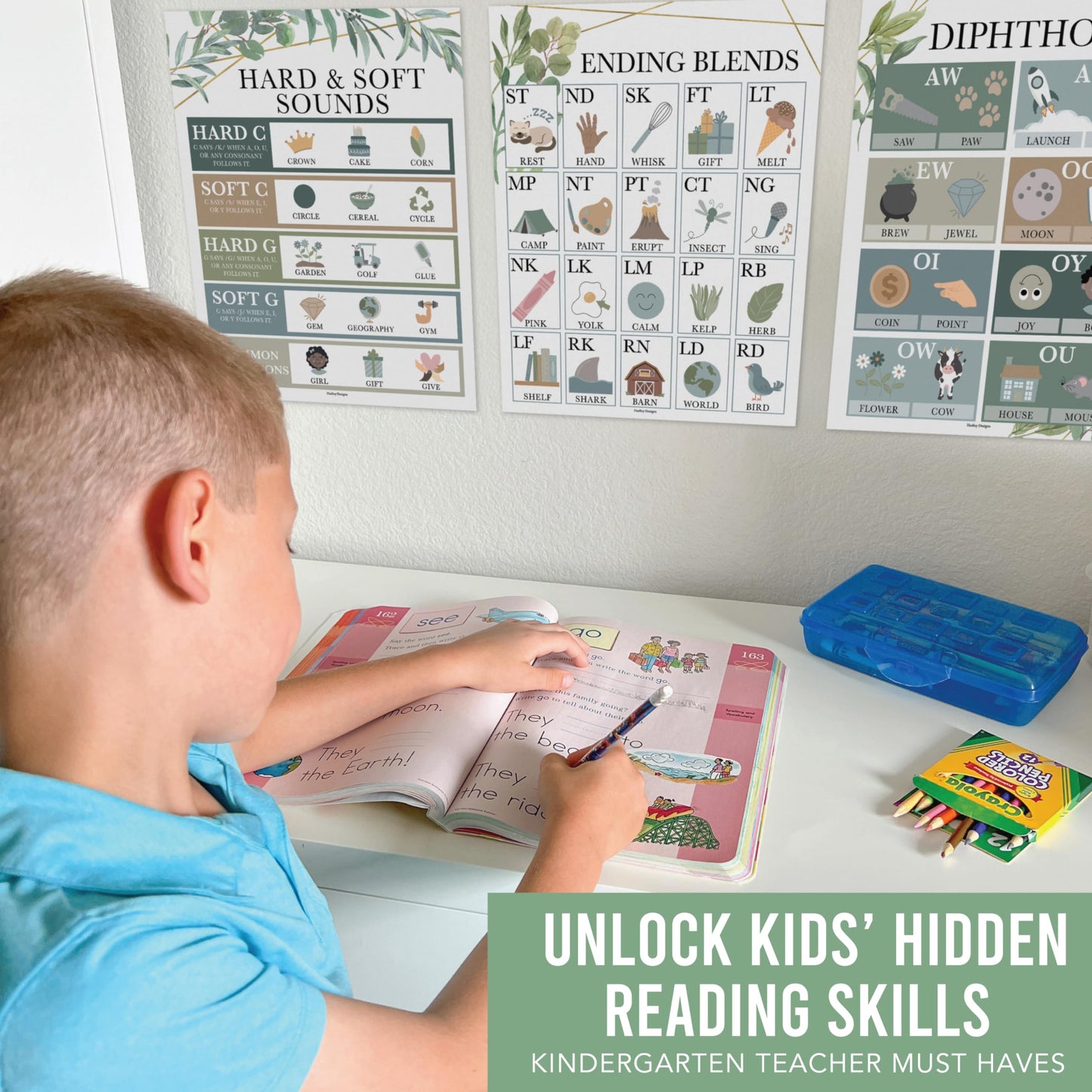 Hadley Designs Phonics Posters for Classroom Must Haves - 9 Sound Wall for Kindergarten & Elementary Teacher Supplies, Syllable, Vowels, Digraphs & Blends Bulletin Board Set, Greenery Classrom Decor