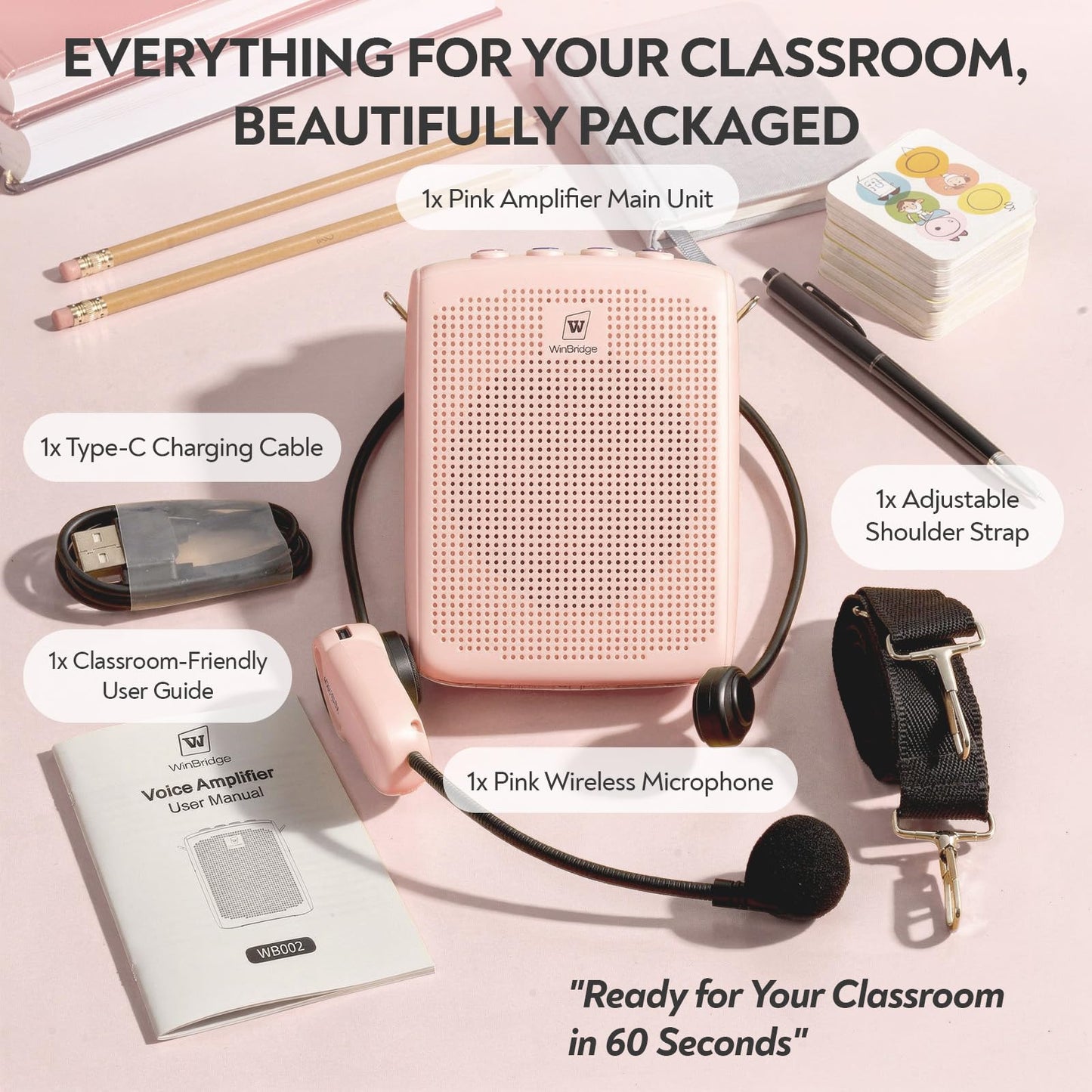 WinBridge Voice Amplifier with Bluetooth, Portable Speaker and Microphone Set, Wireless Mic Headset Speaker for Teachers, Tour Guide, Publick Speaking, Fitness Instructors, Features Mute, WB002 Pink