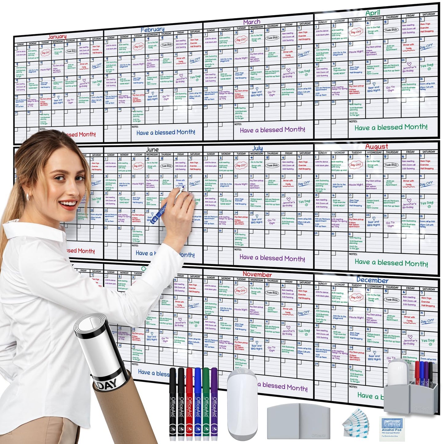 Dry Erase Year Calendar for Wall 45x55, Family Office Undated Yearly Annual Large, 12 Giant Erasable Month Wall Classroom, Rolled Whiteboard White Board, for Calendar Dry Planner Erase Reusable