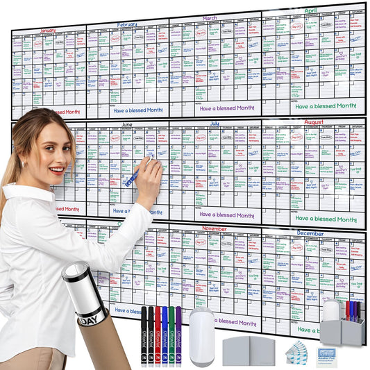 Dry Erase Year Calendar for Wall 45x55, Family Office Undated Yearly Annual Large, 12 Giant Erasable Month Wall Classroom, Rolled Whiteboard White Board, for Calendar Dry Planner Erase Reusable
