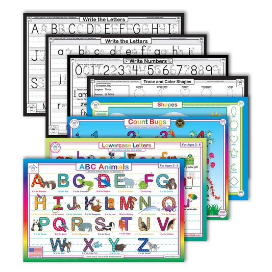 Tot Talk Early Learning Educational Placemat 4-Pack for Kids – Made in USA – Uppercase ABCs Alphabet, Lowercase ABCs, Numbers and Shapes – Durable, Double-Sided, Waterproof, Wipeable Learning Mats