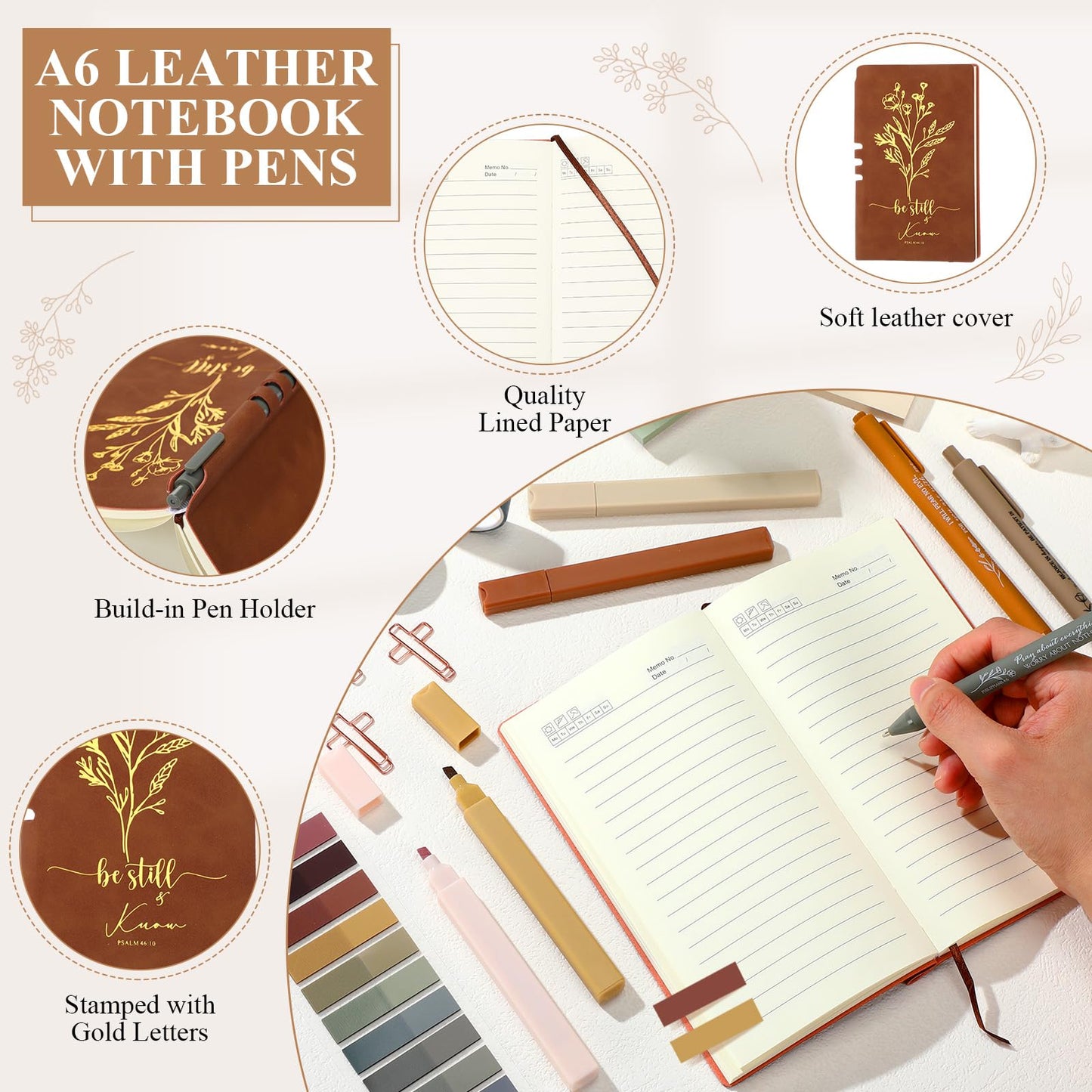 Singhoow 29 Pcs Bible Journaling Supplies Kit 16 oz Glass Cup Canvas Bag Leather Notebook Highlighters Pens Sticky Note Tapes Bible Study Supplies for Women Fathers Sunday School Teacher(Boho, Brown)