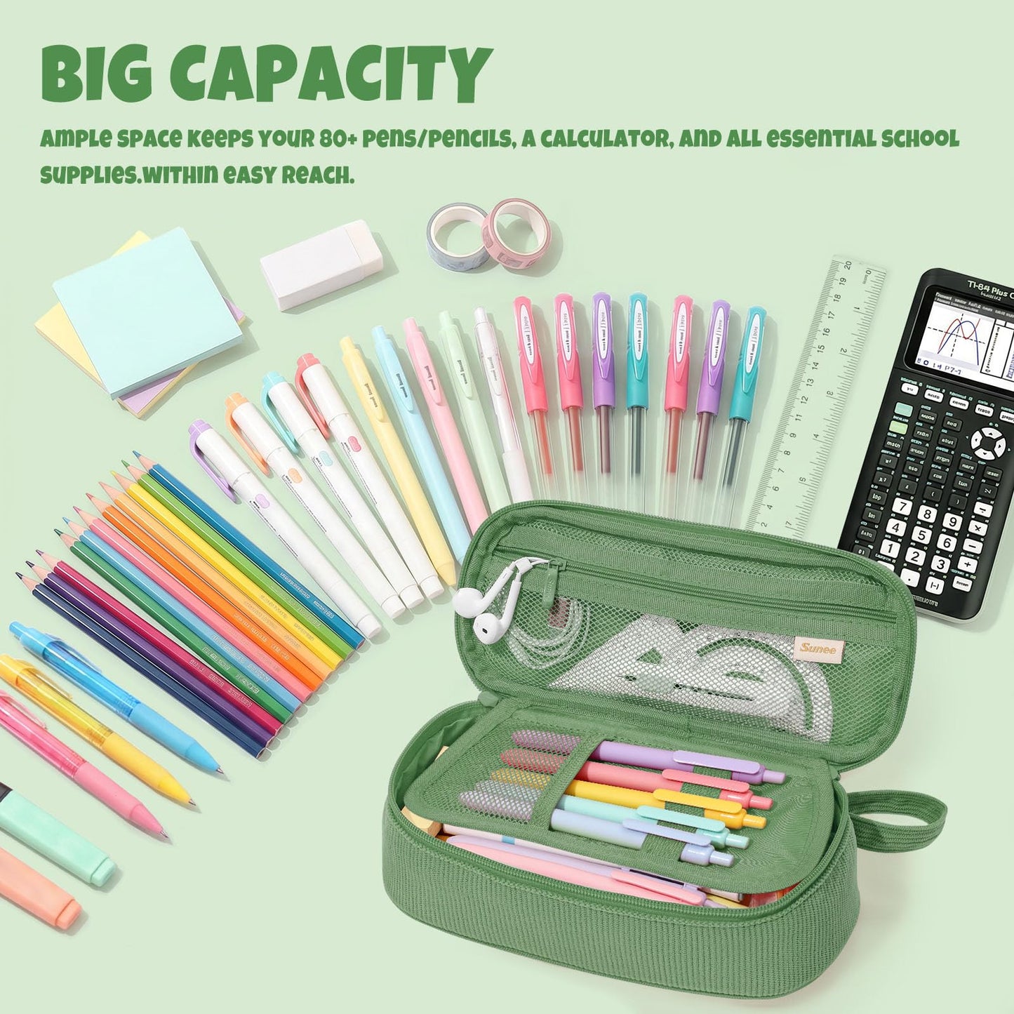 SUNEE Cute Pencil Case, Large Capacity Pencil Pouch, Soft Corduroy Pencil Bag, Big Storage Pen Organizer for Stationery, Aesthetic Zipper Pencil Box, Back to School Supplies for Teen Girls Boys, Green