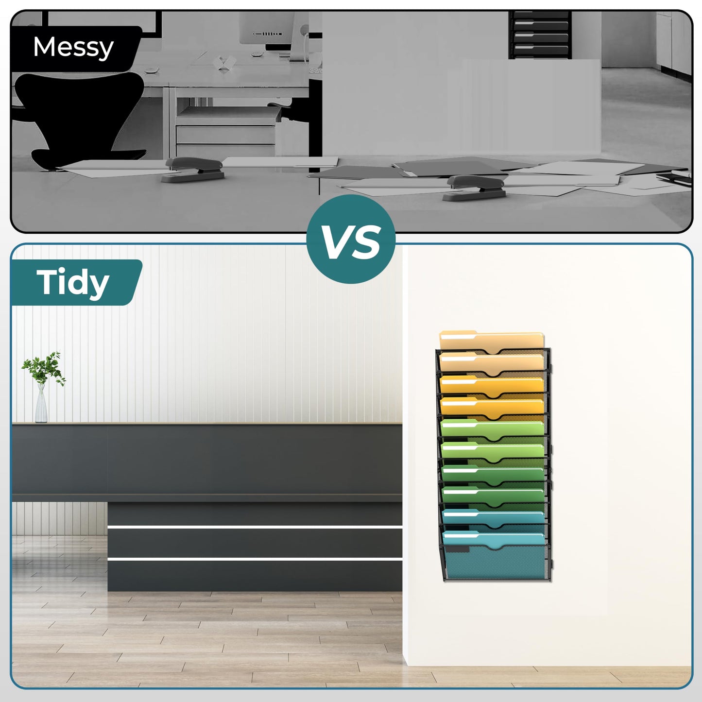 SUPEASY 10 Tier Wall File Organizer, Hanging Wall Mounted Mail Organizer with Label Slots, Metal Mesh File Holder Magazine Rack for Office, Home, School or Classroom, Black