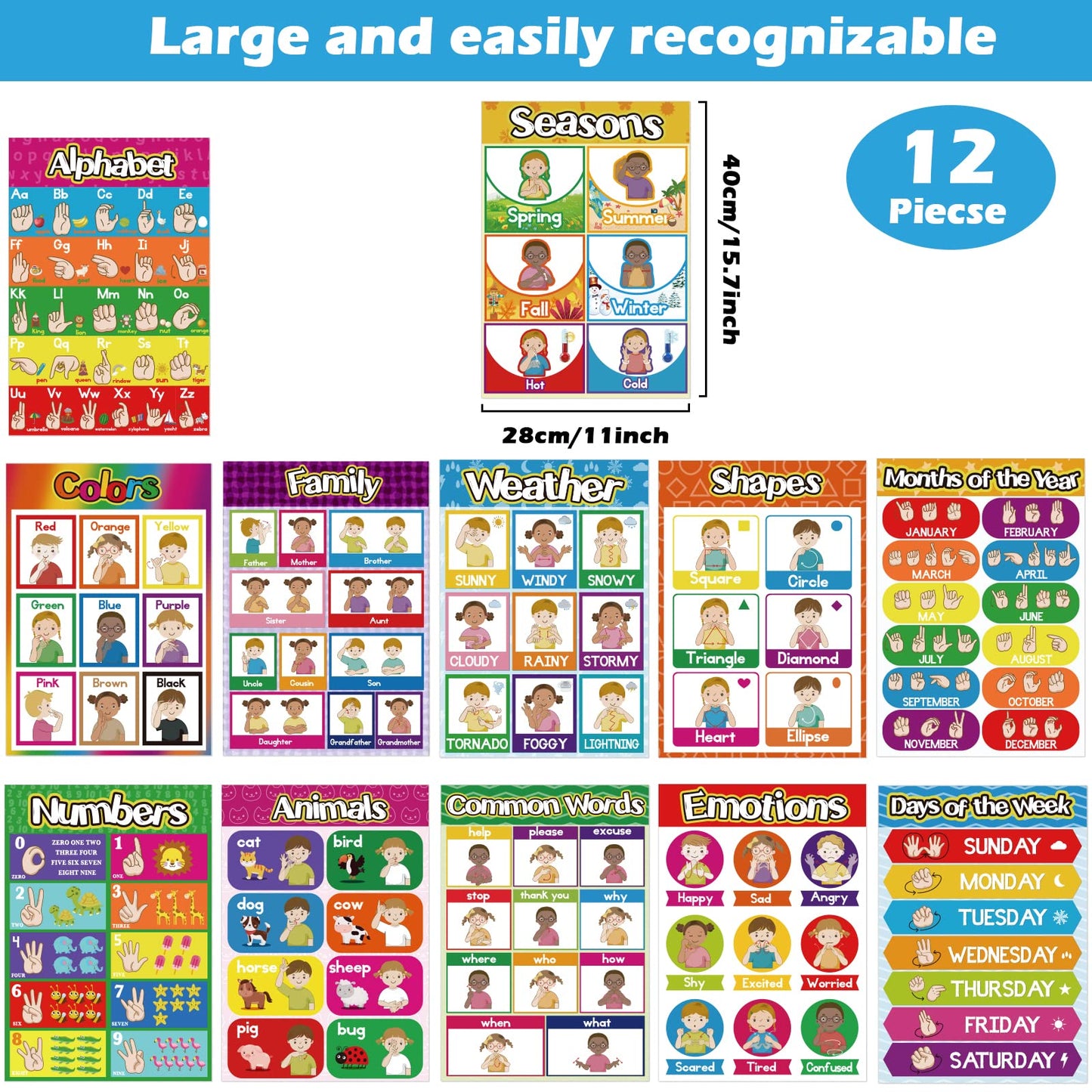 Sign Language Poster ASL Poster for Classroom 12 Pieces ASL Posters Sign Language Flash Cards for Toddlers Kids Students Classroom Decoration