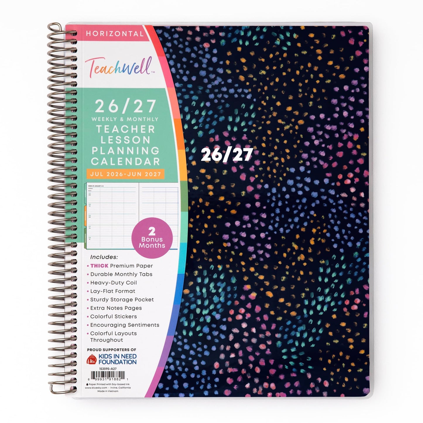 Blue Sky Teachwell 2026-2027 Weekly and Monthly Academic Year Teacher Lesson Planner Calendar, July 2026 - June 2027, 8.5" x 11", Flexible Cover, Heavy Duty Coil Binding, Colorful Interior, Laminated Tabs, Storage Pocket, Includes Stickers, Mikki