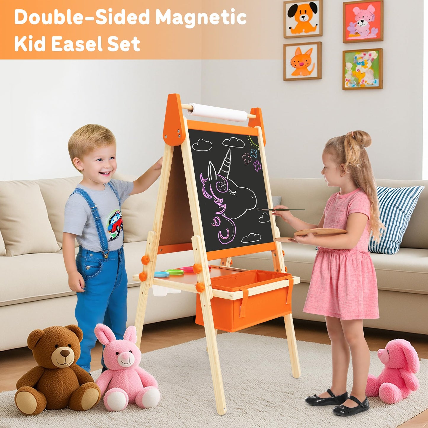 Belleur All-in-One Art Easel for Kids, Adjustable Double Sided Easel for Toddlers with Magnetic Whiteboard & Dry-Erase Chalk Board & Paper Roll, Child Painting Easel for Kid 2-8 Birthday Gift-Orange