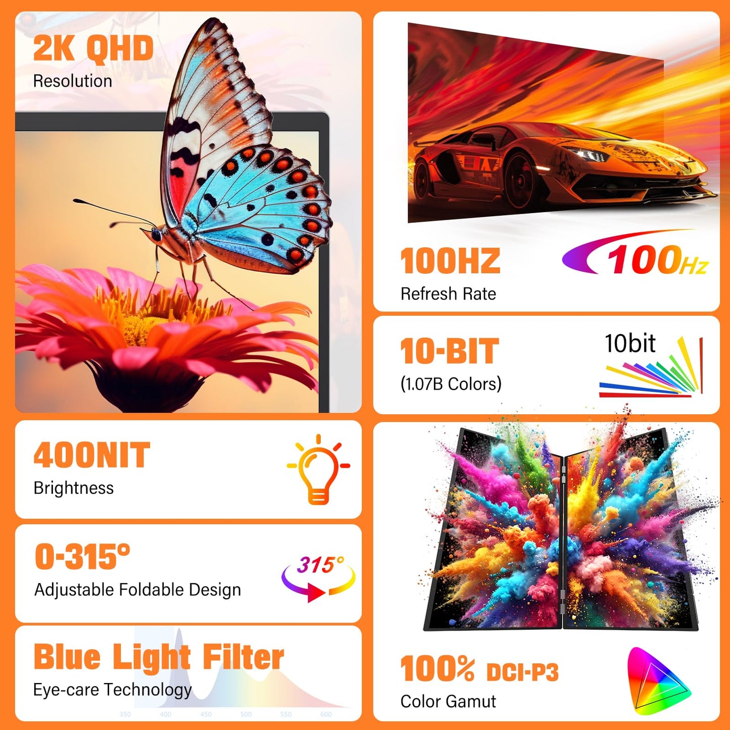 InnoView Dual Portable Monitor 18" 2560x1600P 100Hz 2K 100% DCI-P3 - Foldable & Stackable Design with 315° Screen Adjustment & 180° Stand | DP/USB-C/HDMI, Second Monitor for Laptop, Mac, Windows