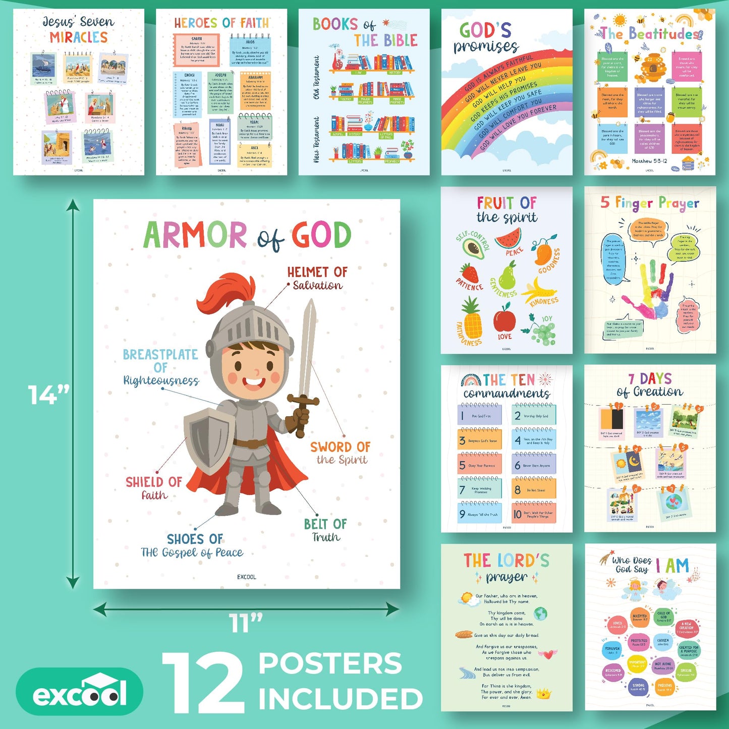 Excool Club Sunday School Decorations For Classroom - 12 Book Of The Bible Posters For Kids, Ten Commandments Fruit Of The Spirit Wall Art, Bible Study Supplies For Christian Classroom Decor (11"x14")
