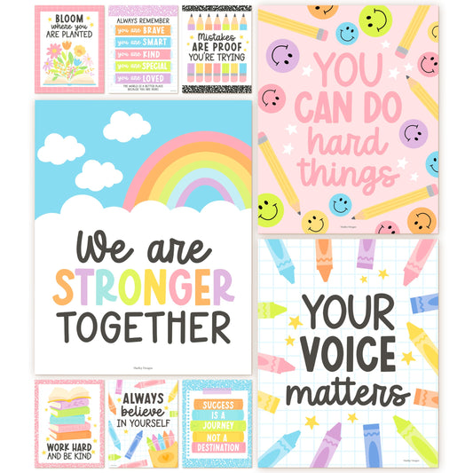 Hadley Designs Motivational Poster for Classroom Decor -9 Growth Mindset Classroom Posters Elementary, Inspirational Wall Decor Middle School, Teacher Must Haves, Pastel Bulletin Board Decorations