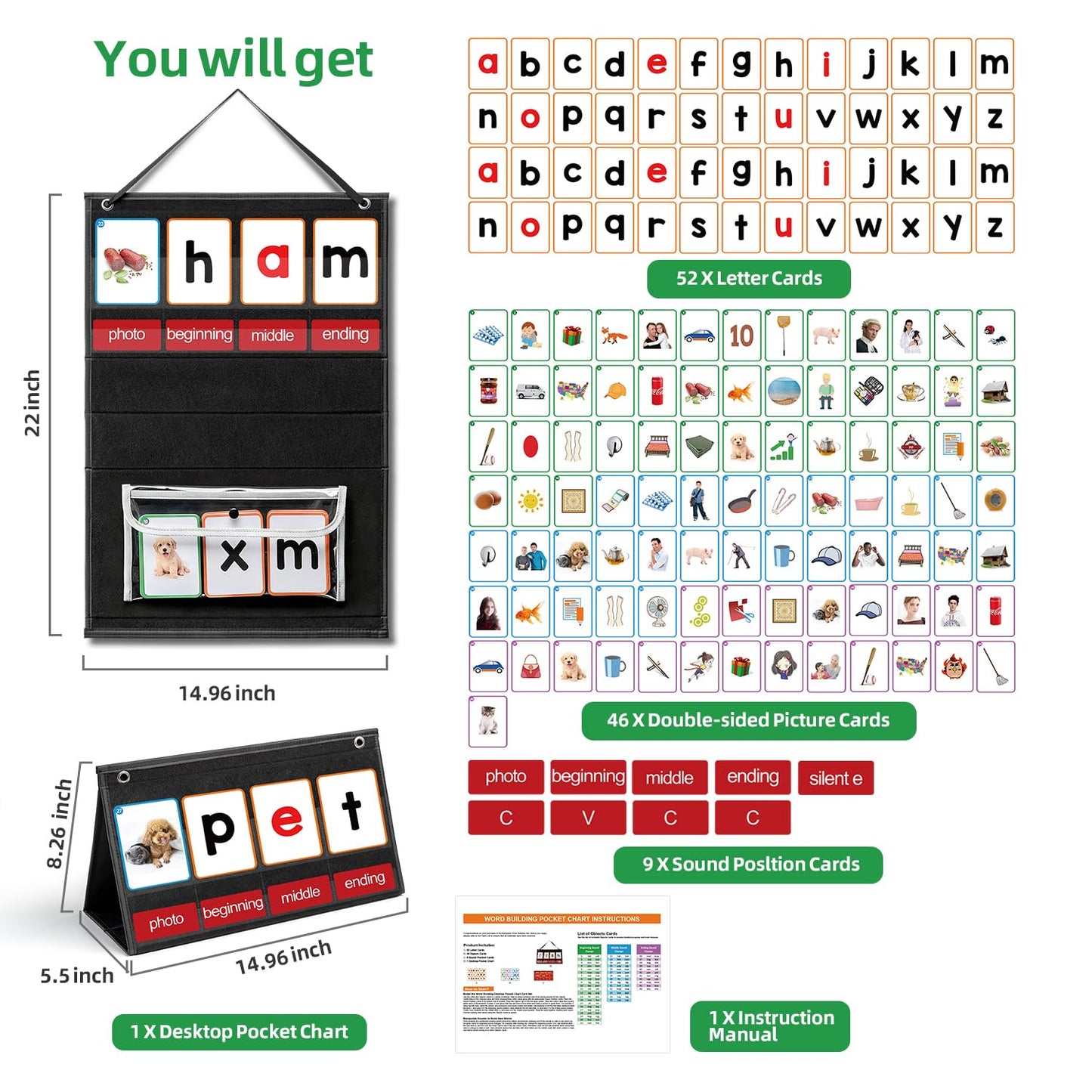ANSTROUT CVC Word Builder Desktop Pocket Chart with 107 Phonics Flash Cards, Kids Word Builder Games for Learn to Read CVC CVCC CCVC Words, Phonics Learning Tool for Preschool Kindergarten Classroom.