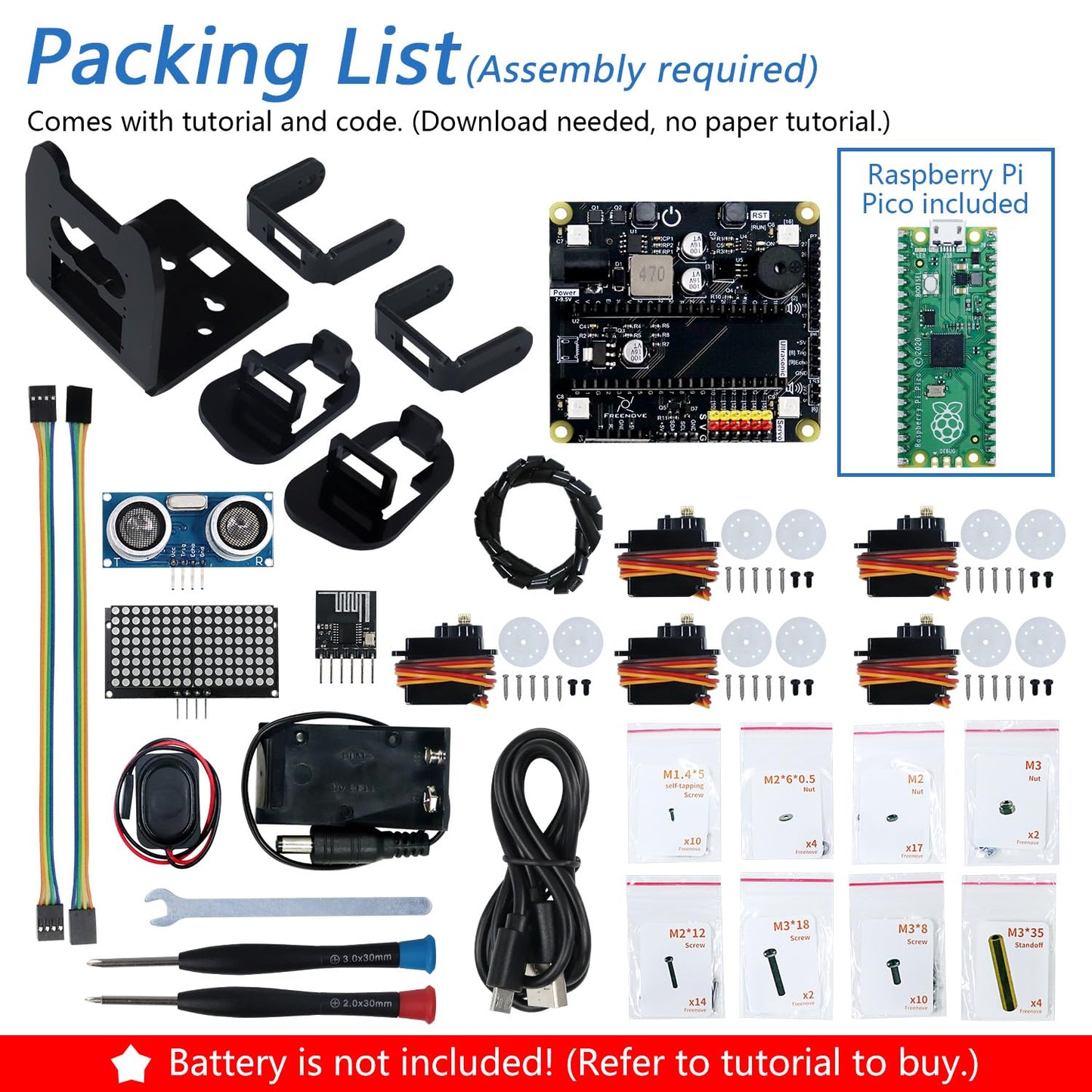 Freenove Bipedal Robot Kit for Raspberry Pi Pico (Included) (Compatible with Arduino IDE), LED Matrix Expressions, Obstacle Avoidance, Colorful Lights, Buzzer, Speaker, App