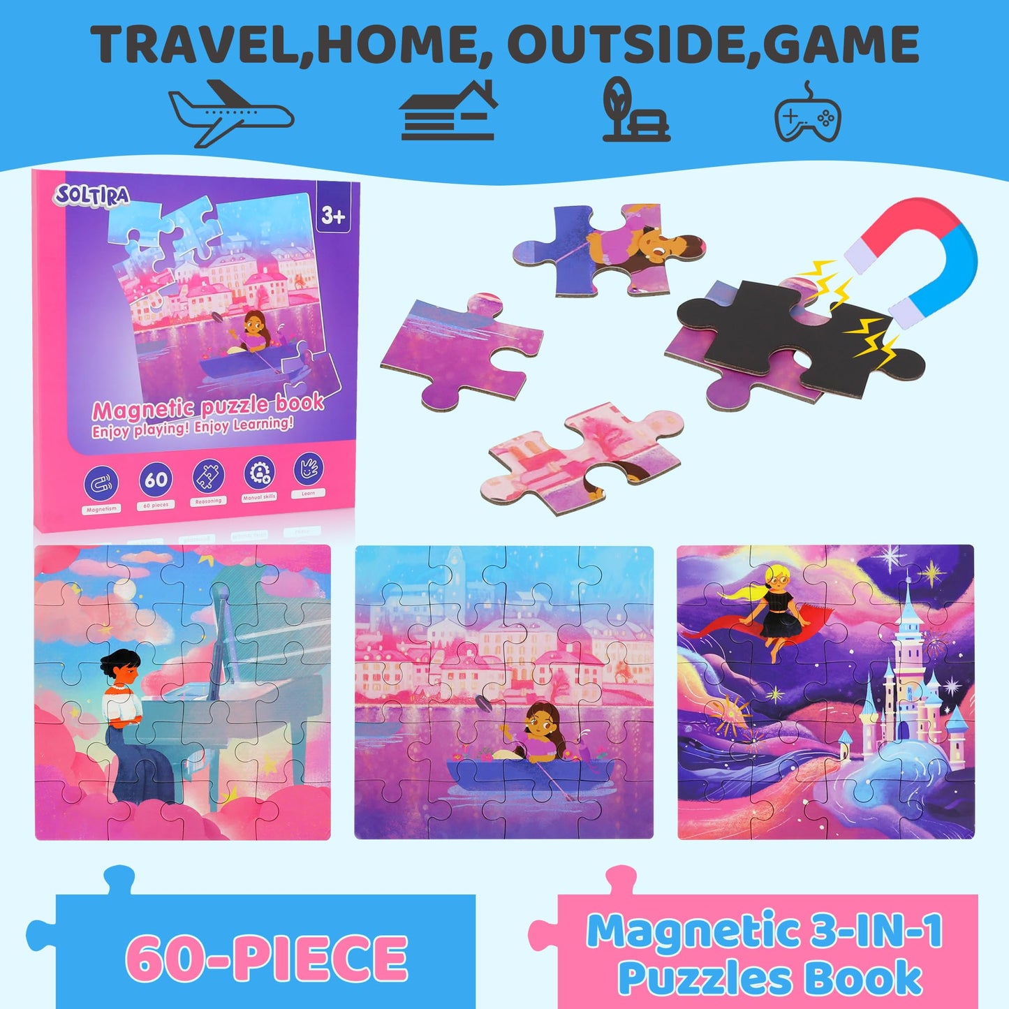 Magnetic Puzzles for Toddlers 3-5 60PCS 3 Princess Themes Puzzle Magnetic Puzzles for Girls 4-6 Travel Puzzles or Airplane/Car/Road Trip Gift Toys for Girls 4-8 Years Old