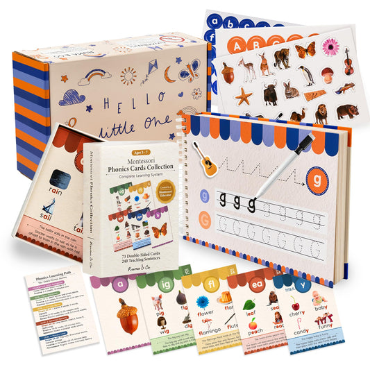 Montessori Phonics Set 20 Stages All-in-One Reusable Write & Wipe Activity Book with 73 Phonics Flash Cards Calm Early Learning Kit for Kids Ages 3–6