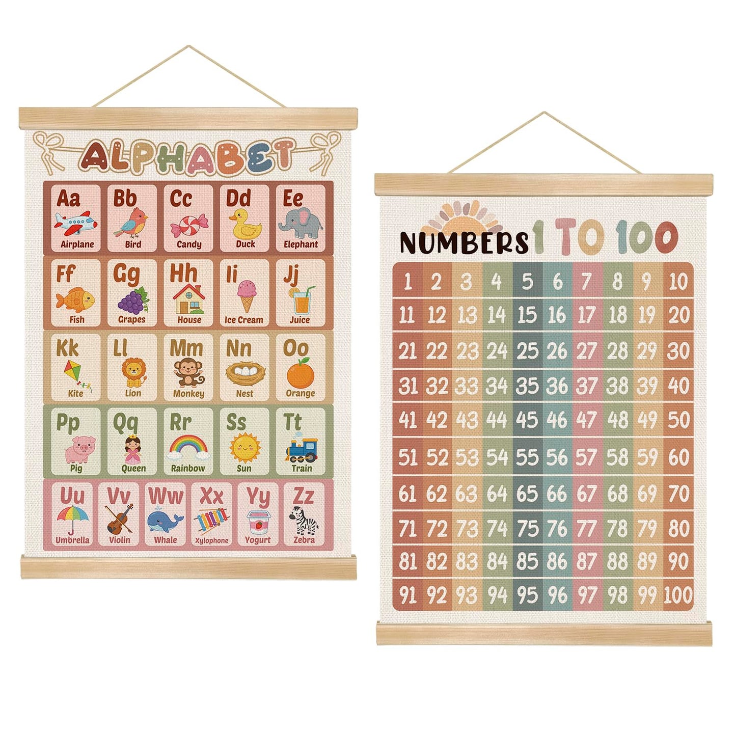 Alphabet and Numbers 1 to 100 Educational Wall Art Decor for Daycare, 14x18.5inch 1-6 Toddlers Learning Canvas Poster with Hanger Frame,Kids Room Decor for Nursery Playroom Classroom Set of 2