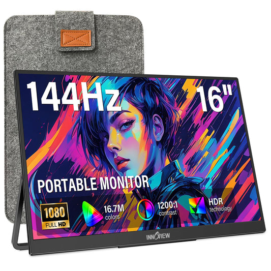 InnoView 16" Portable Monitor 144Hz Portable Gaming Monitor with Protective Sleeve, 1200P FHD External Monitor, Lightweight, Extra Second Screen for Laptop, PS5, Mac, Xbox (Not Includes Adapter)