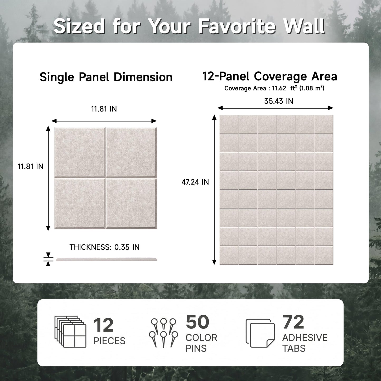 MISSDAY Oatmeal Acoustic Wall Panel Felt Bulletin Board 48" x 36" Cork Board for Wall, 12-Pack Boards with 72 Removable Adhesive Tabs, 50 Pins, Pin Board for Home Office Classroom Soundproof Wall Tile
