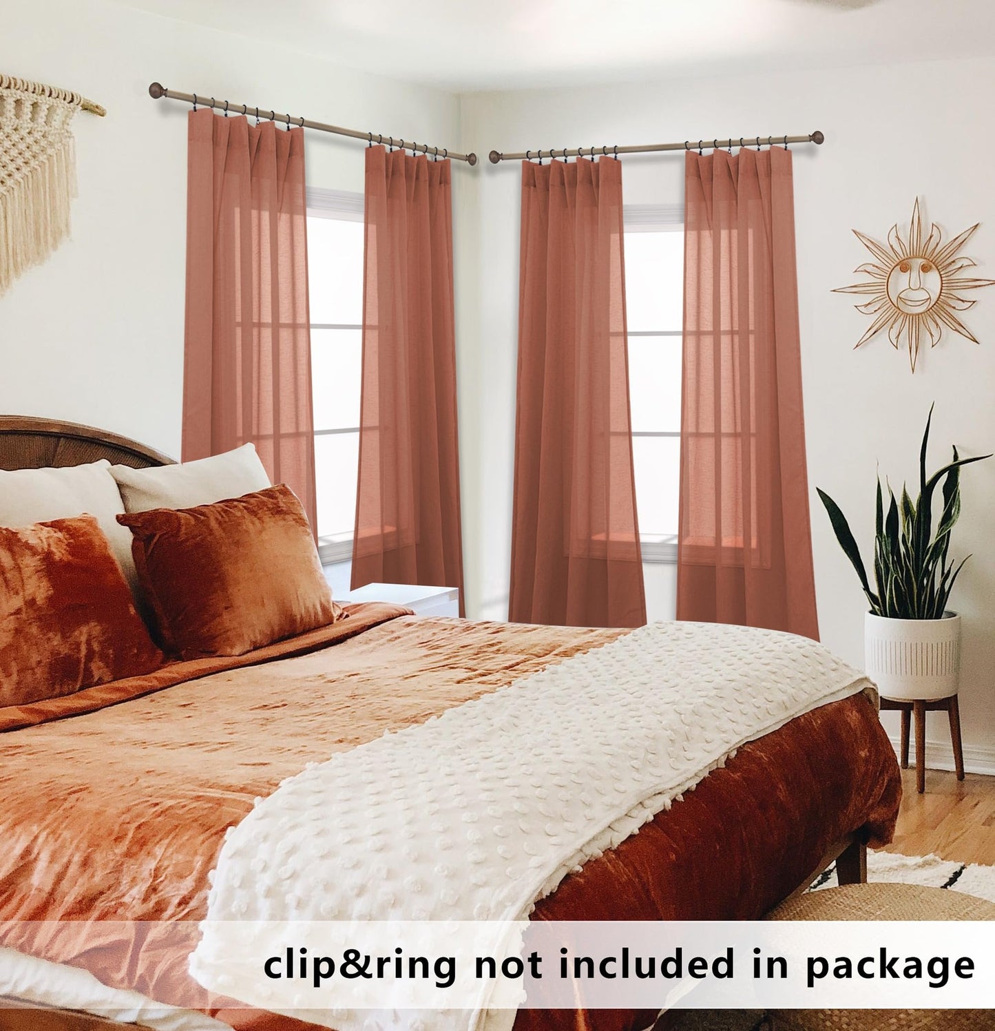 KOUFALL Sheer Boho Curtains for Bedroom 2 Panels,Window Treamtments Rod Pocket Bohemian Curtains for Living Room 96 Inches Long,Rust Orange Terracotta
