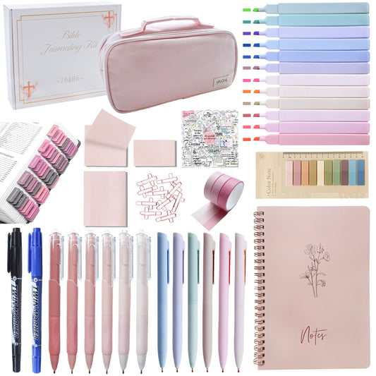 J6&H6 170Pcs Complete Bible Study Supplies Journaling Kit with Tabs, Highlighters and Color Pens, Notebook,Stickers & More Bible Accessories Set for Women, Beginner Christian Gifts(Pink)