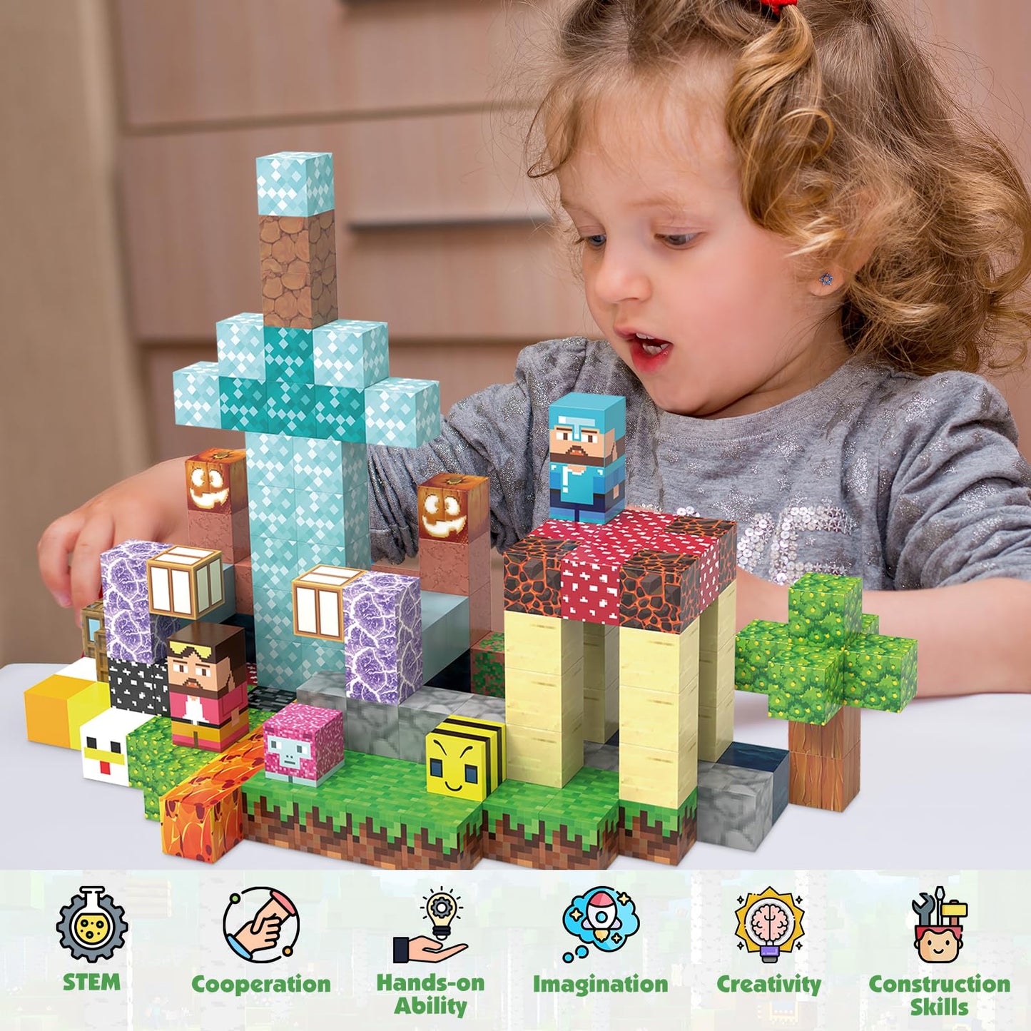 JIMI Magnetic Blocks -150pcs Magnetic Building Block Set STEM Construction Toys for Kids Age 3-8, 1 inch Magnet Blocks Montessori Sensory Stacking Toys Christmas Birthday Present for Boys Girls