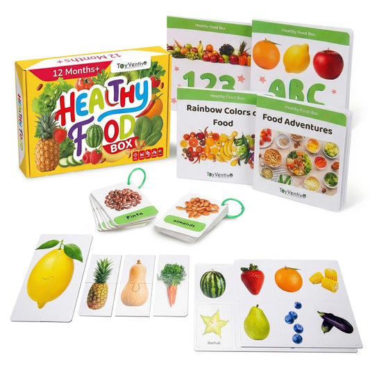 TOYVENTIVE Preschool Learning Activities – Montessori Toddler Toys with Educational Flashcards, Matching Games and Food-Themed Activity Cards for Early Skills, Visual Recognition – Ages 1 & 2