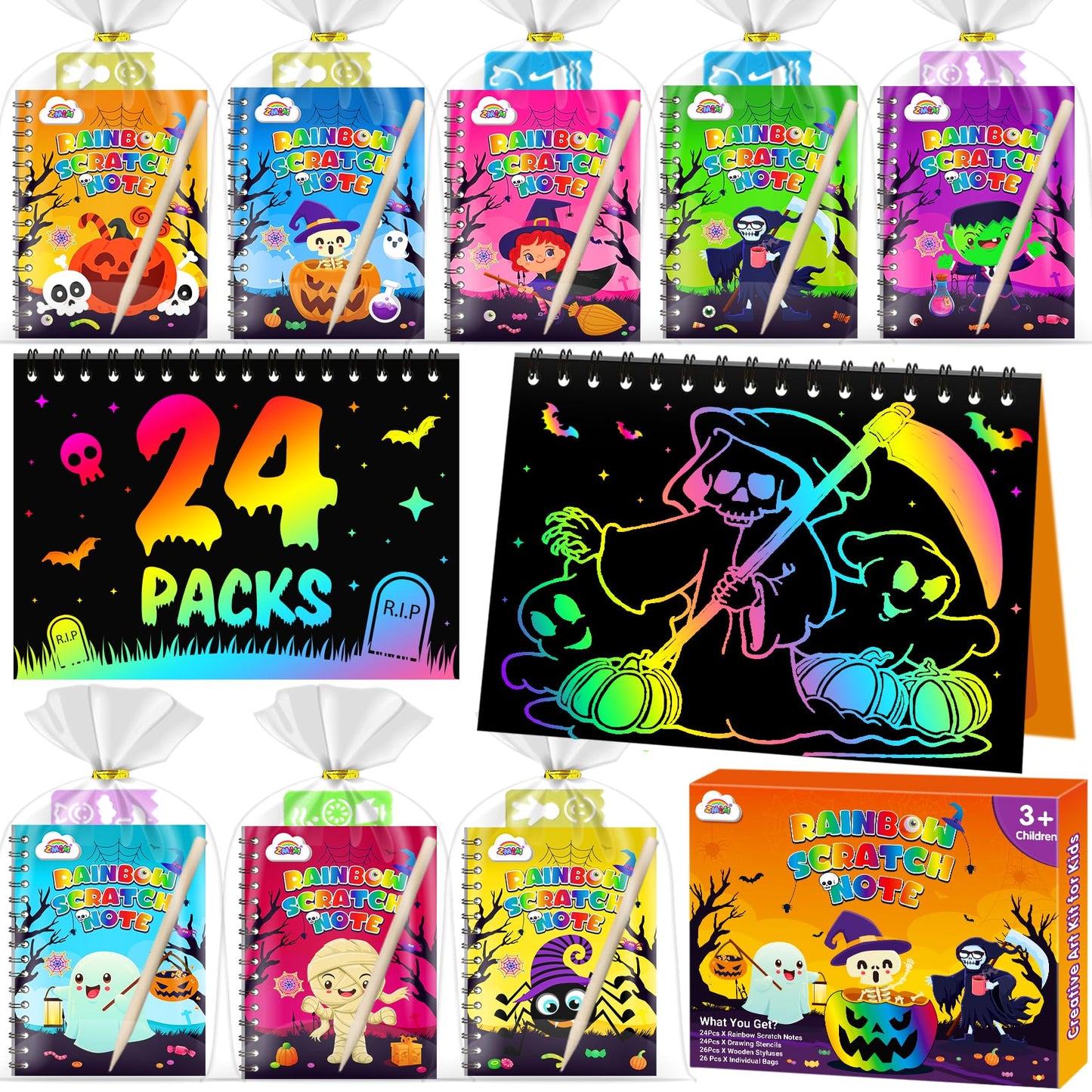 ZMLM 24 Pack Rainbow Scratch Art Party Favors for Kids 4-8 - Mess-Free Birthday Goodie Bags Stuffers, Classroom Prizes Grades 1–3, Creative Paper Notebooks for Pre-K Kindergarten Gifts(Halloween