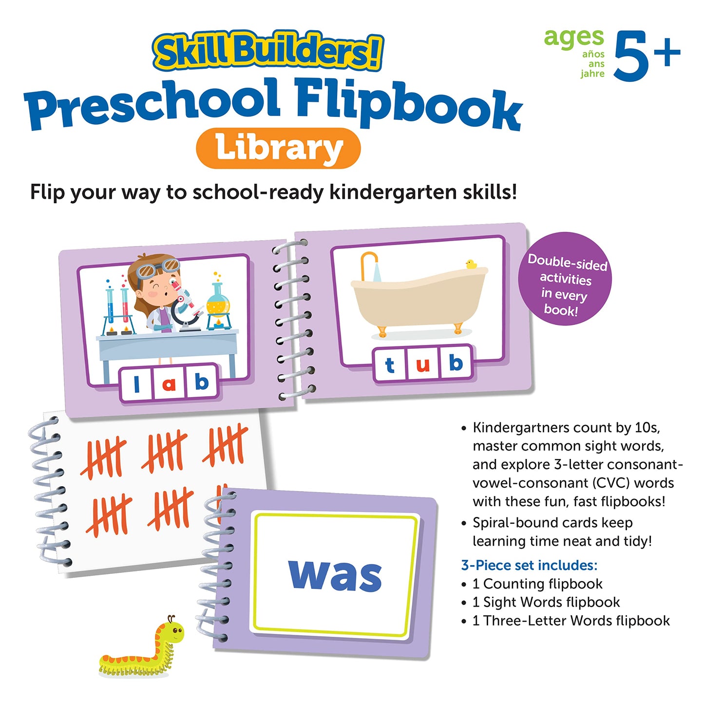 Learning Resources Skill Builders! Kindergarten Flipbook Library - 3 Pieces, Ages 5+ Kindergarten Learning Activities, Spelling and Counting for Kids, My First Library for Kids