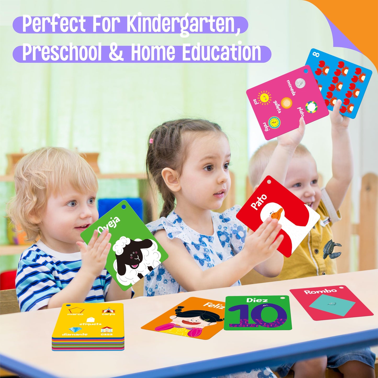 110 PCS Early Learning Flashcards, Double-Sided Spanish Cards- Alphabet, Numbers, Foods, Animals, Shapes, Colors, Emotions with 4 Reclosable Rings, Learning Tool for Pre-K Kindergarten Toddlers