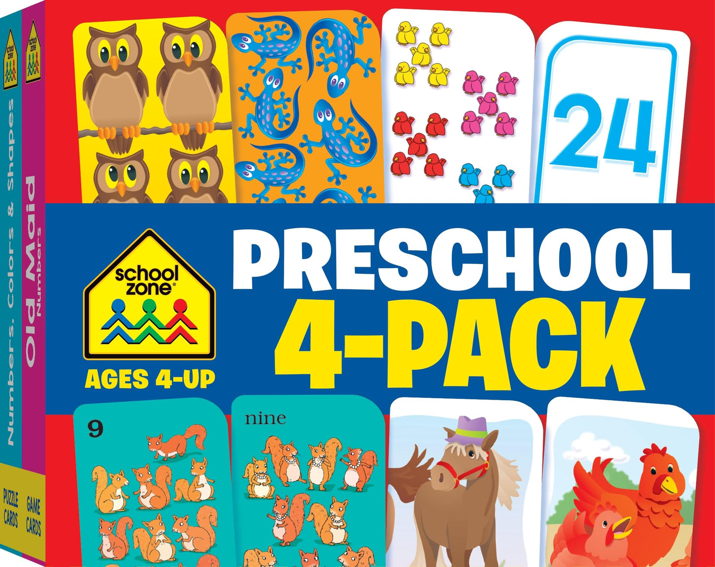 School Zone Preschool 4-Pack Flash Cards: 224 Cards, Pre-K, Colors, Shapes, Numbers 0-25, Old Maid Numbers, Kids Game Cards, Puzzle Cards, Counting, Rhyming Words, Readiness Skills, Ages 4+
