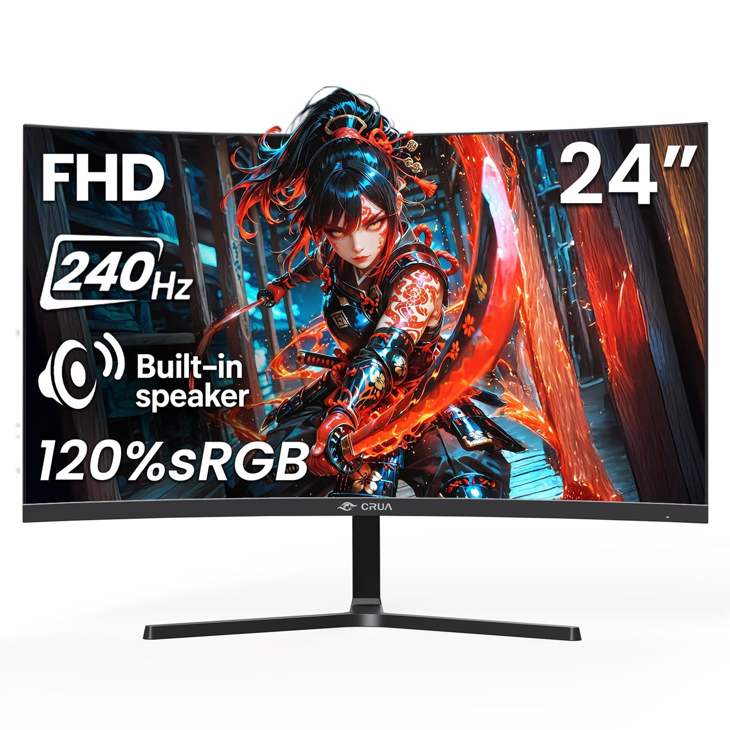 CRUA 24” 240Hz Gaming Monitor, Curved FHD 1920 x 1080P, Built-in Speakers, Support 120% sRGB, AMD FreeSync, Low Motion Blur, Wall Mount Installs Compatible, for Office and Games(HDMI 2.0&DP 1.4)–Black