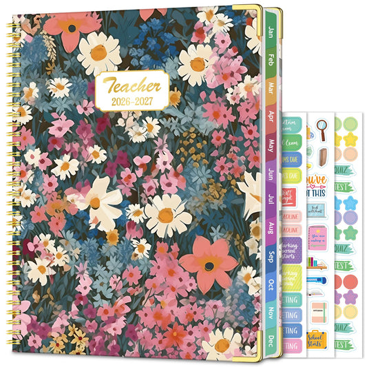 Teacher Planner 2026-2027 Academic Year, Jul.2026 - Jun.2027, 8.5" x 11" Lesson Planner Book for Teachers, Teacher Planners with Colorful Monthly Tabs, Hardcover- Flower Clusters