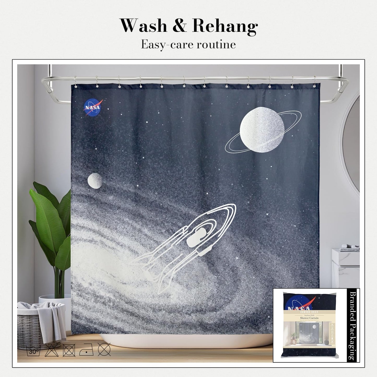 DRIFTED ROOT NASA Licensed Shower Curtain Set, Starlane Drift Spiral Galaxy Rocket Design, Space Poster Art, Oxford Cloth, Bathroom Hotel Decor (Starlane Drift-Black/Gray, 72" W x 72" L (Pack of 1))