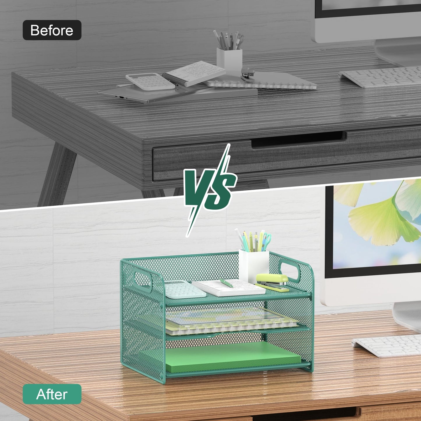 Samstar 3 Tier Green Letter Tray Paper Organizer with Handle, Mesh Desk Organizer Paper Sorter File Rack Shelves, Green