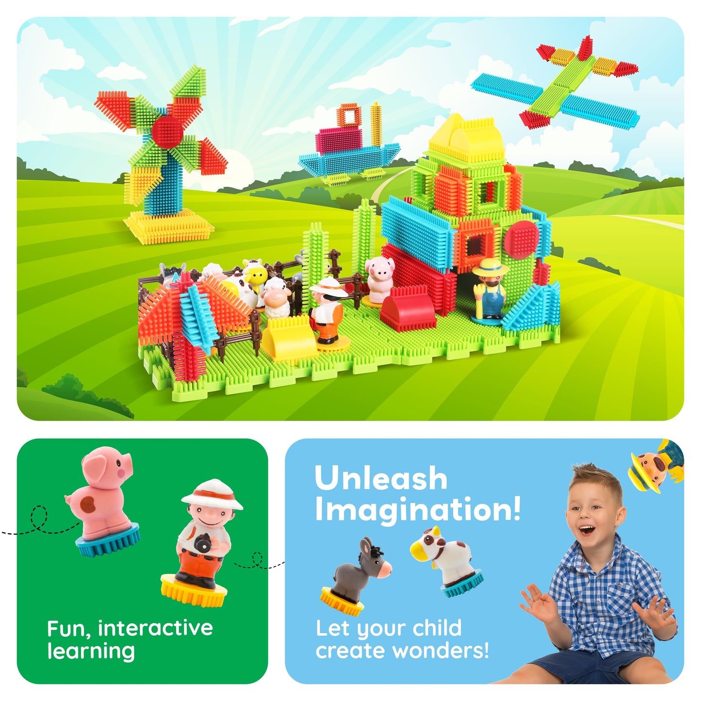 PicassoTiles PTB100 100pcs Hedgehog Shape 3D Building Blocks Tiles Farm Theme Set Learning Playset STEM Toy Set Educational Kit Child Branin Development Preschool Kindergarten Toy