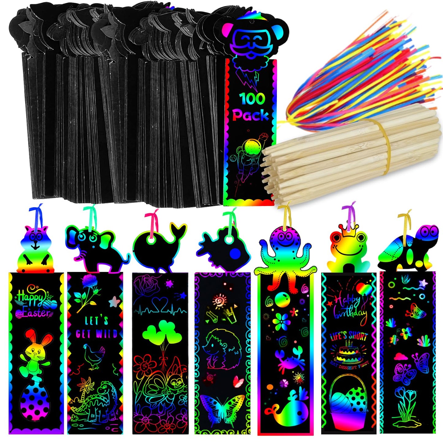 Tcvents 100 Sets Bookmark Making Kit, Scratch Art DIY Animal Bookmarks Bulk with 100 Pcs Ribbons and 100 Pcs Wood Stylus for Classroom Activities Mini Cards for Kids Craft Kits Student Prizes Gifts